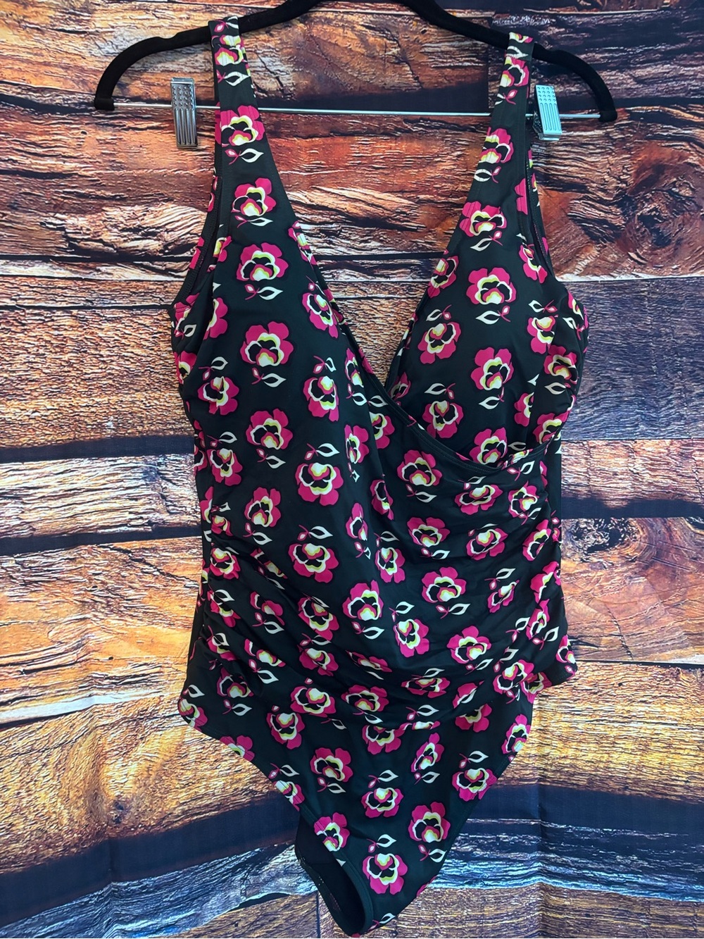 Boden Black One-Piece Swimsuit with Fuchsia and White Floral Print, like new